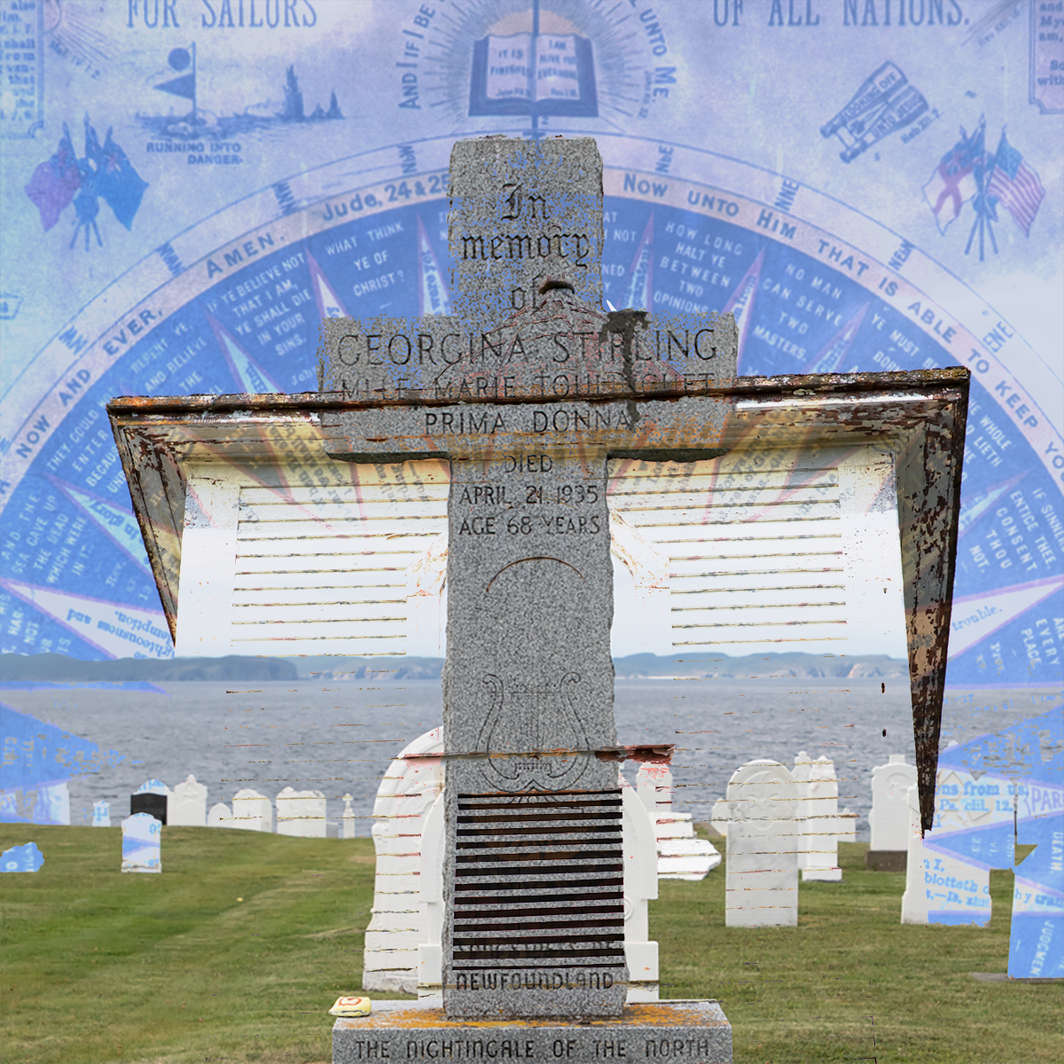 composite of church, tombstone and gospel compass